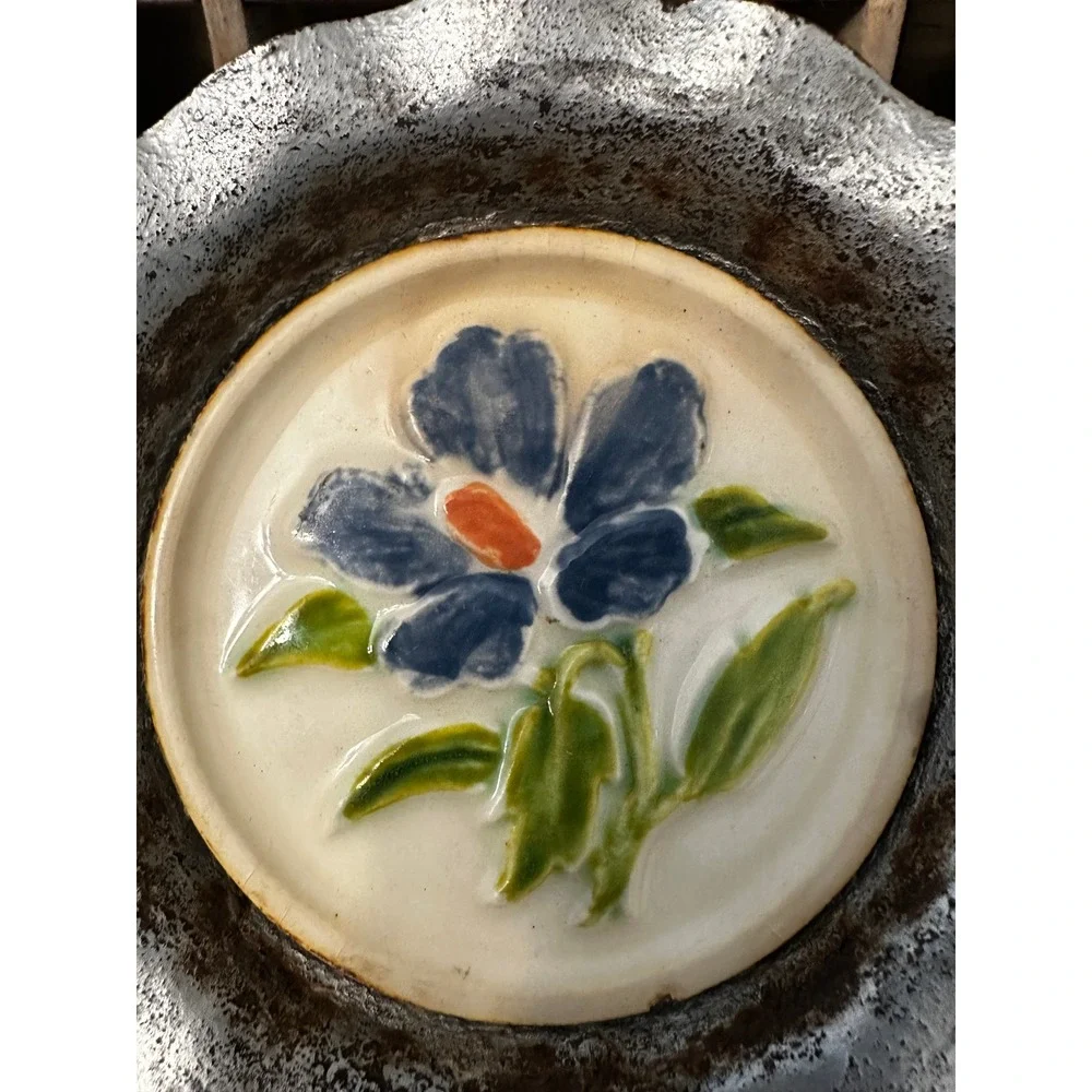 Vintage Hand Painted Ceramic Trinket Dish with fluted metal rim and feet